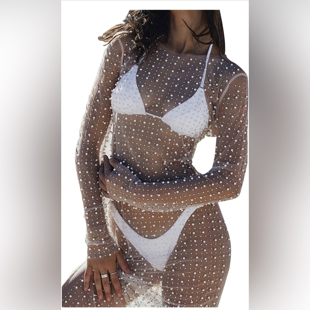 Sheer mesh cover up rhinestone and pearl dress